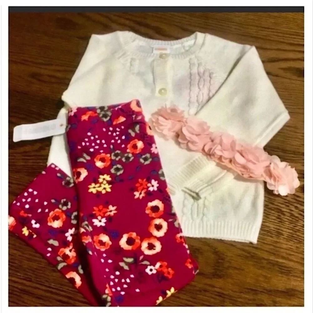 Ivory Cardigan Floral Leggings Headband Set Sz 2T - Picture 3 of 8